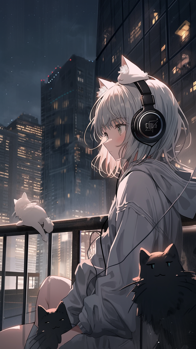 Cat girl with headphones on platform