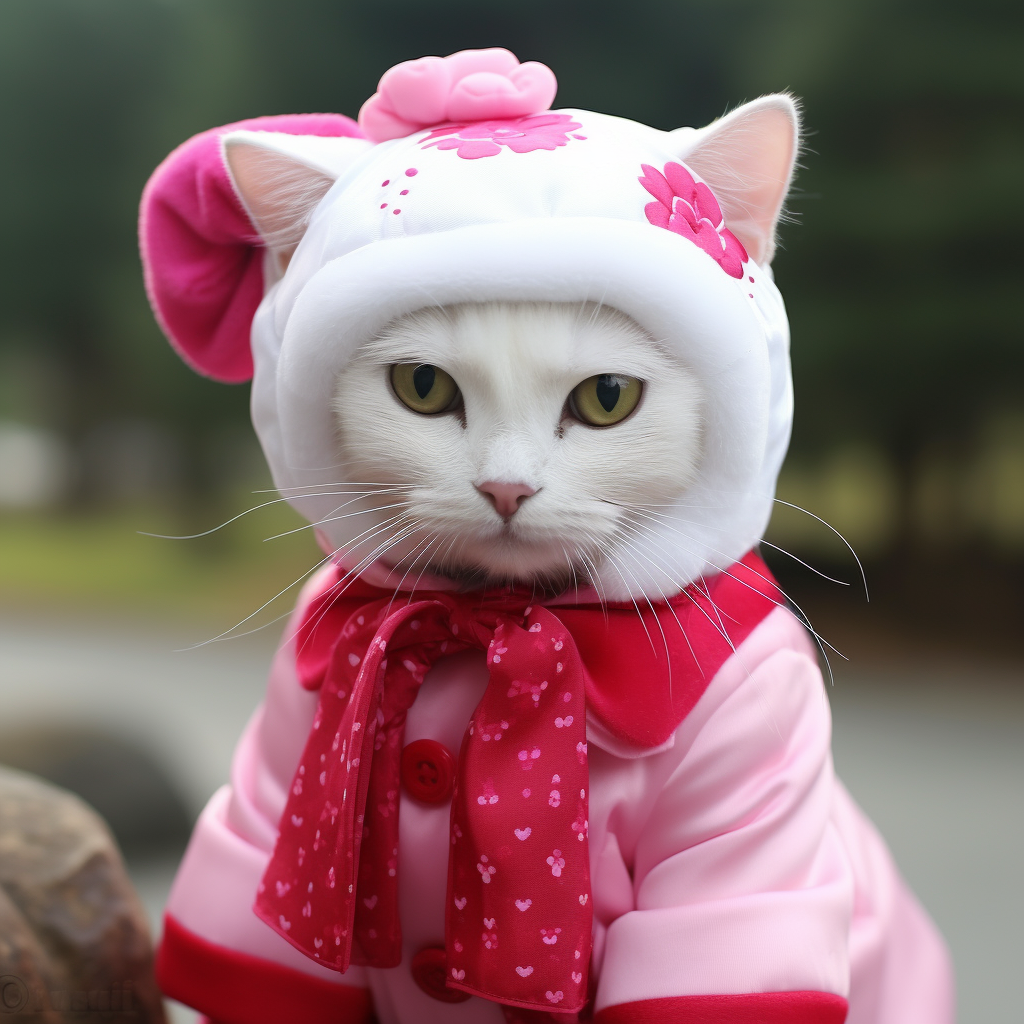 Adorable cat in Hello Kitty costume