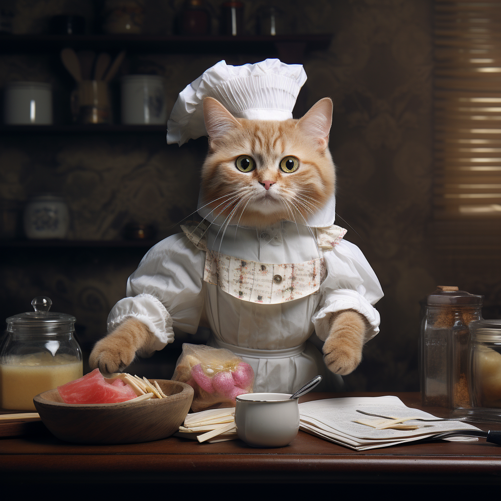 Cute cat in human clothes working as a maid