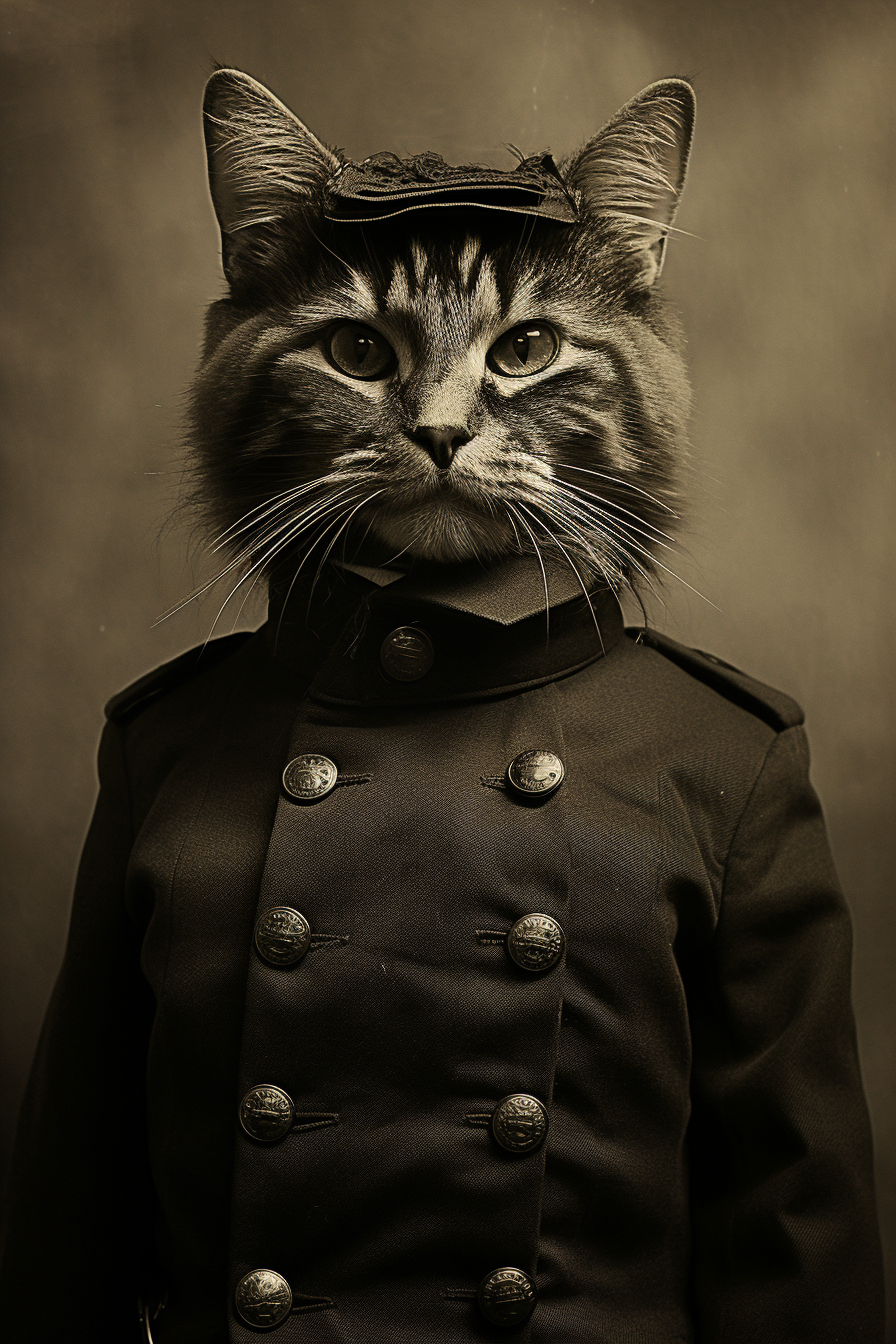 Old photograph of a cat in military uniform