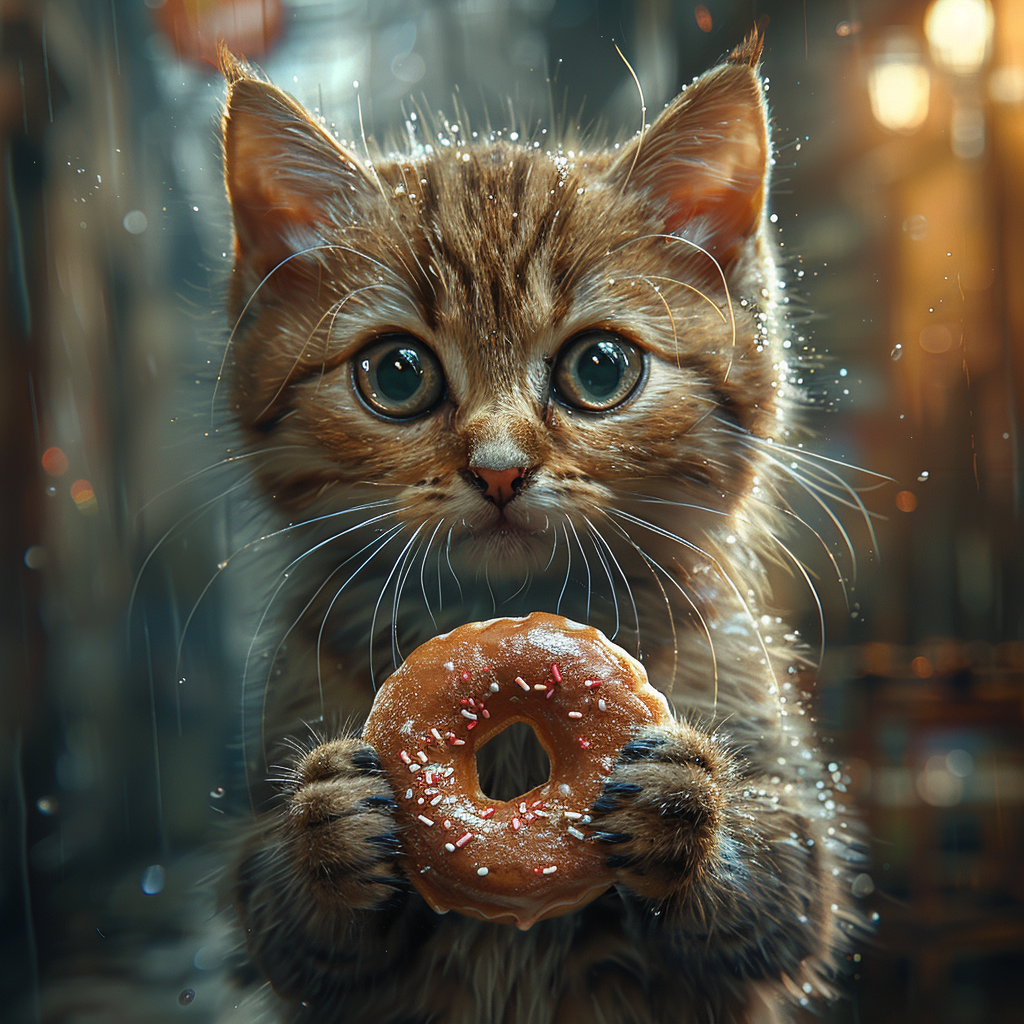 Cat holding sign and donut