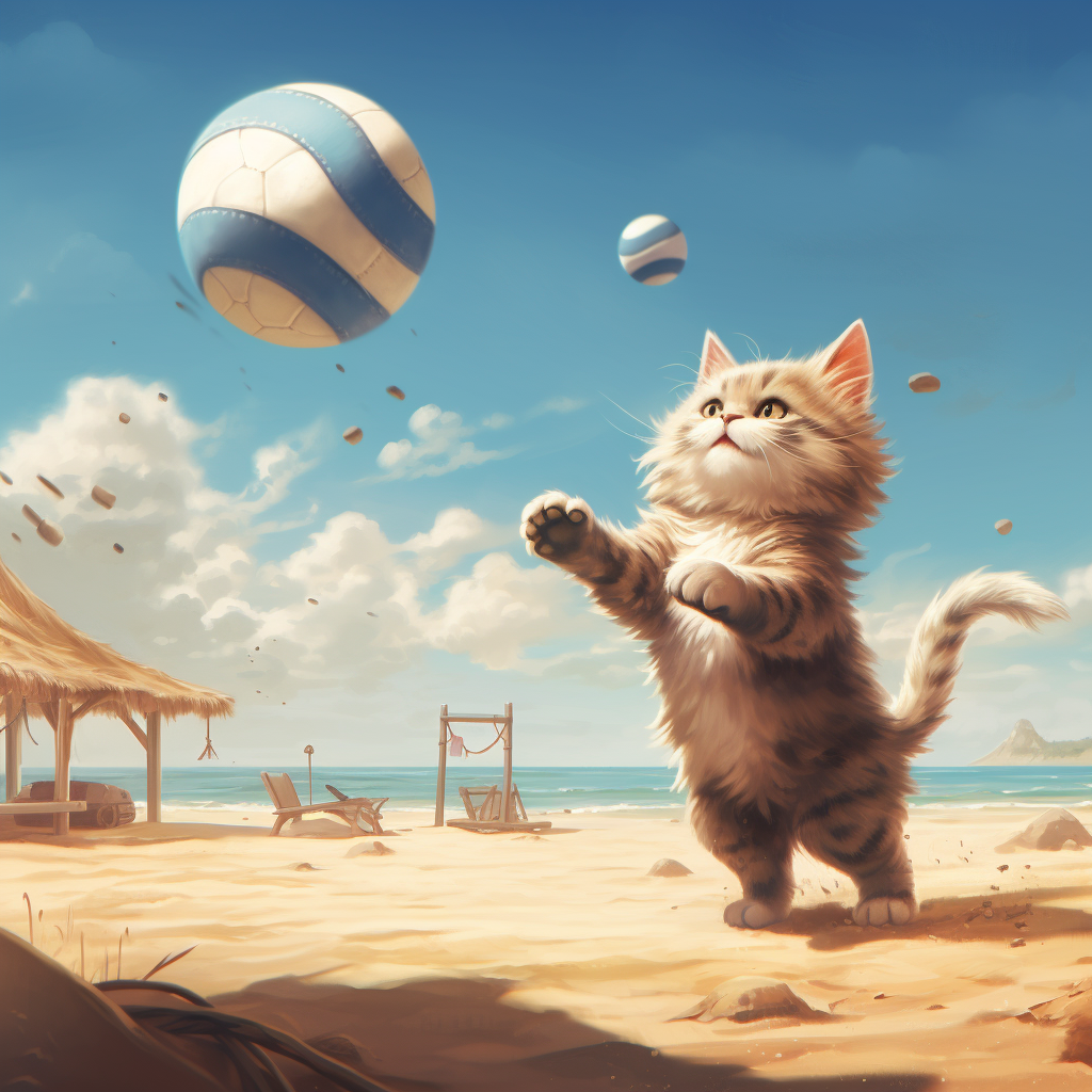 Happy cat playing volleyball outdoors