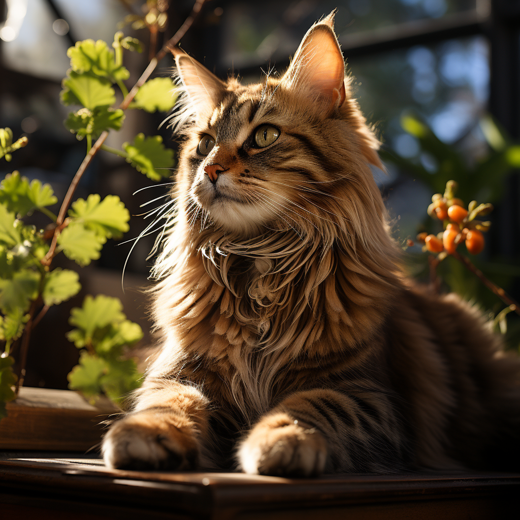 Cat sitting on table in sunlight