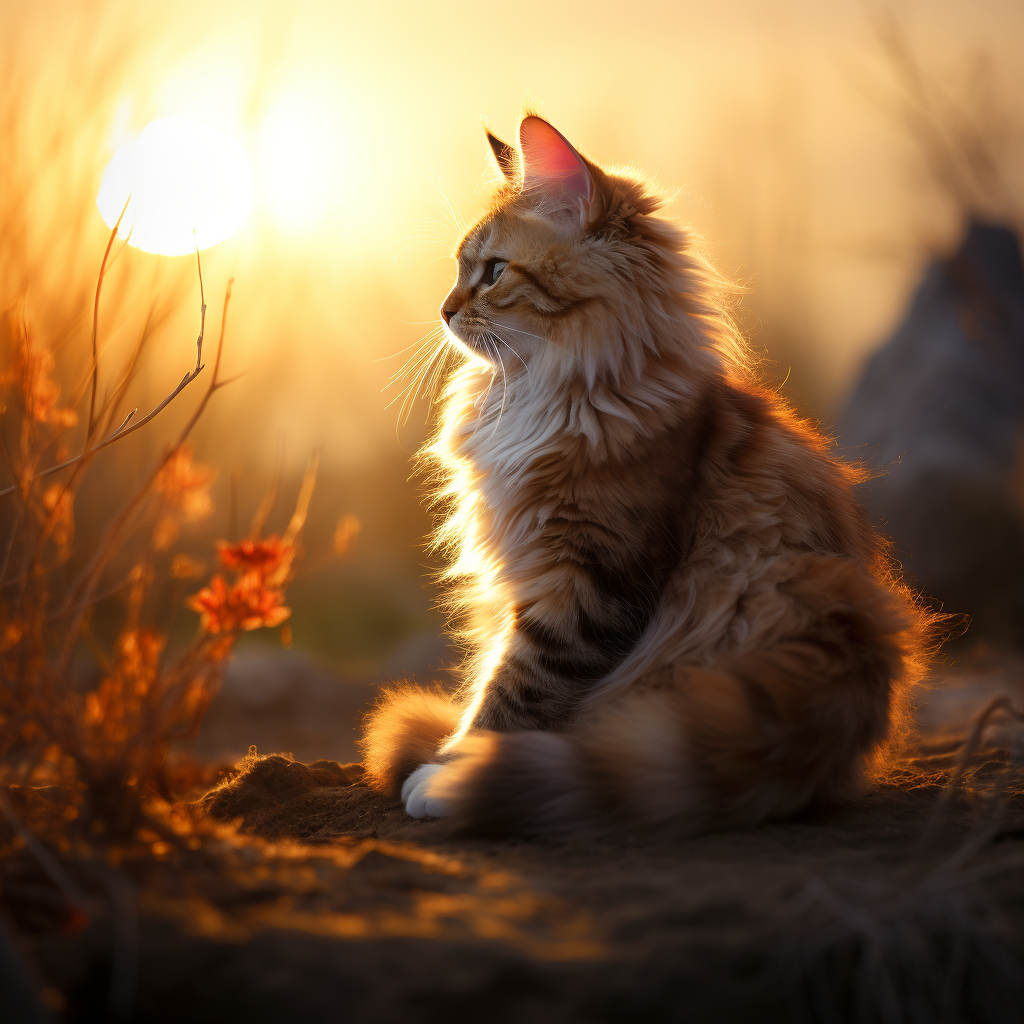 Beautiful cat enjoying sunrise sunset