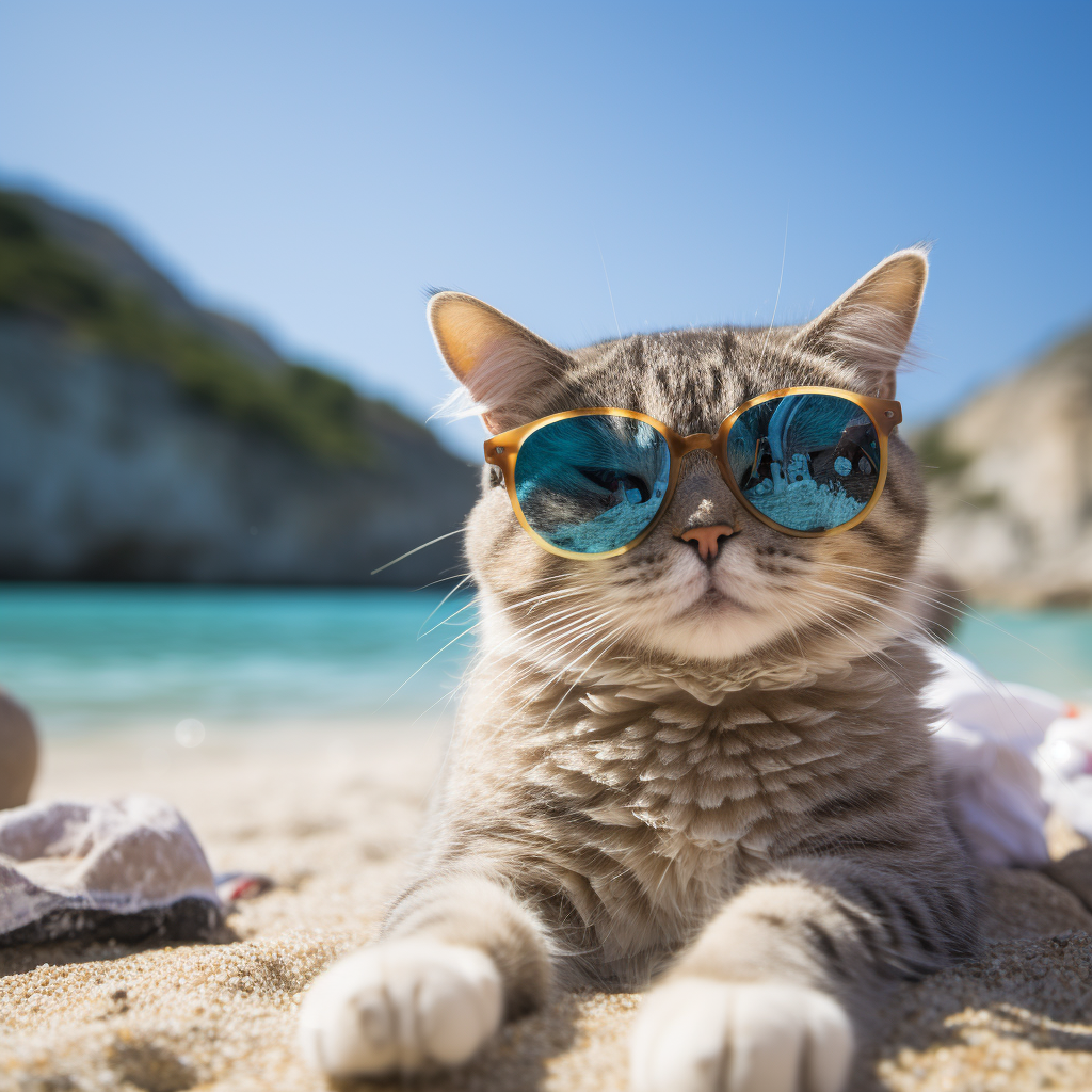 Cute cat wearing sunglasses on the sandy beach