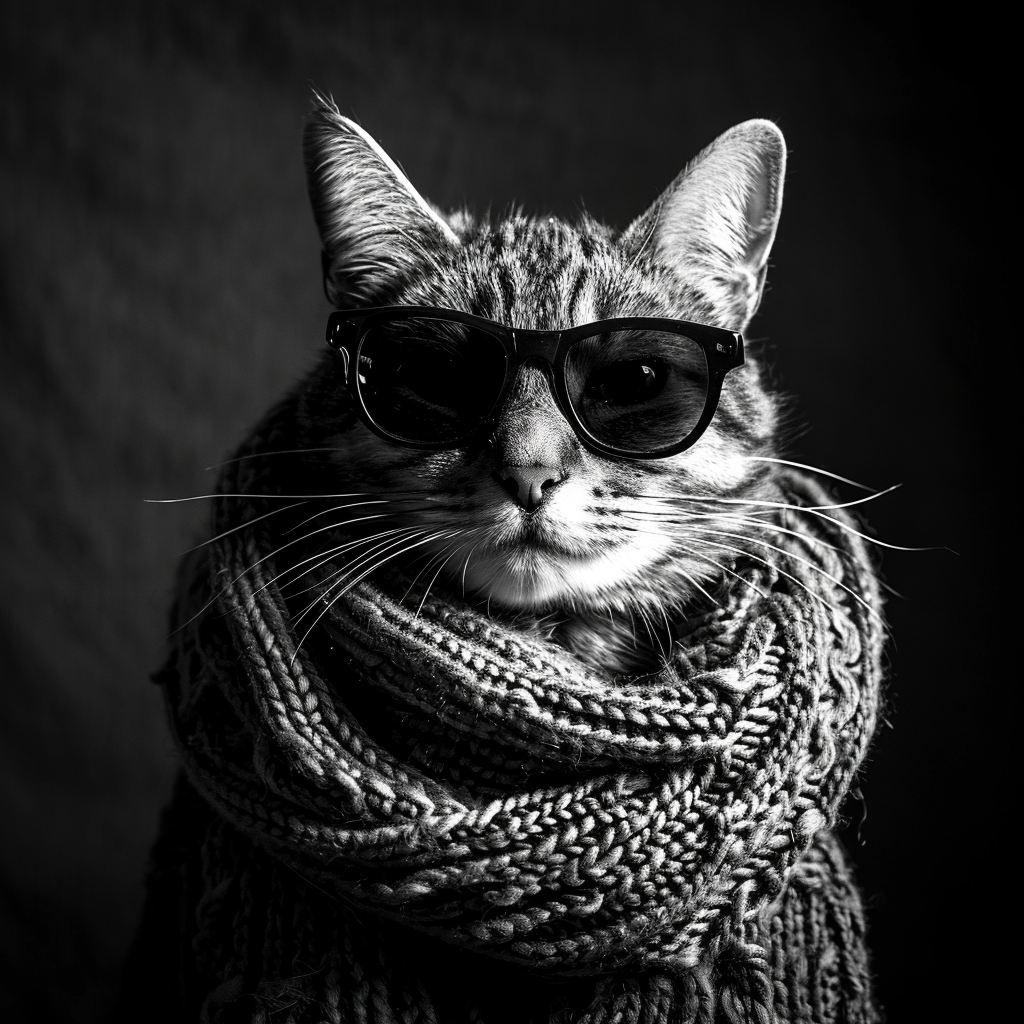 Black and white portrait of a cat wearing sunglasses