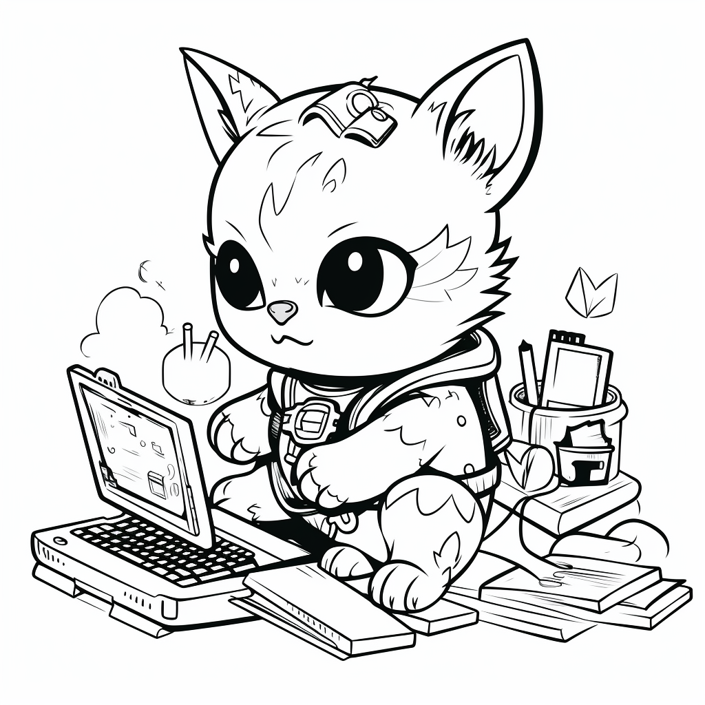 Cartoon cat working on computer