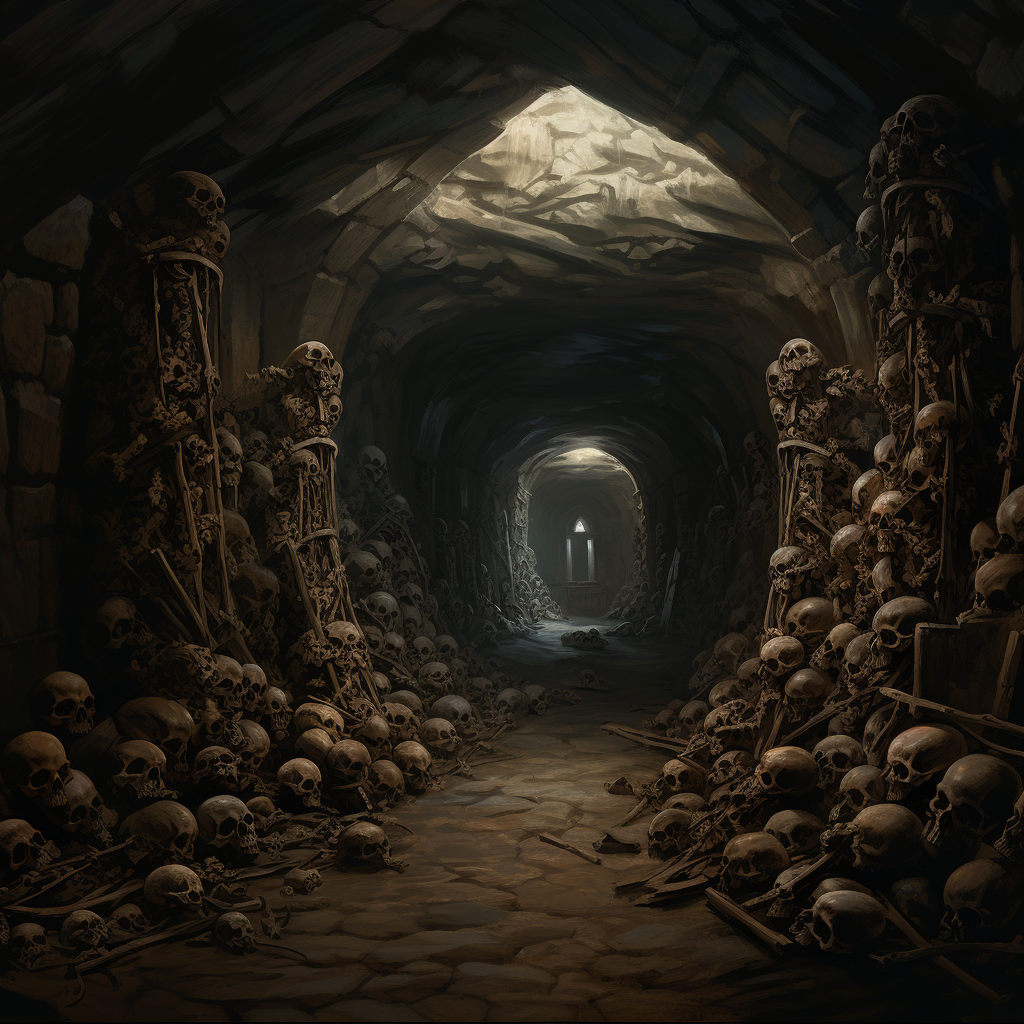 Digital painting of catacomb walls with bones and skulls