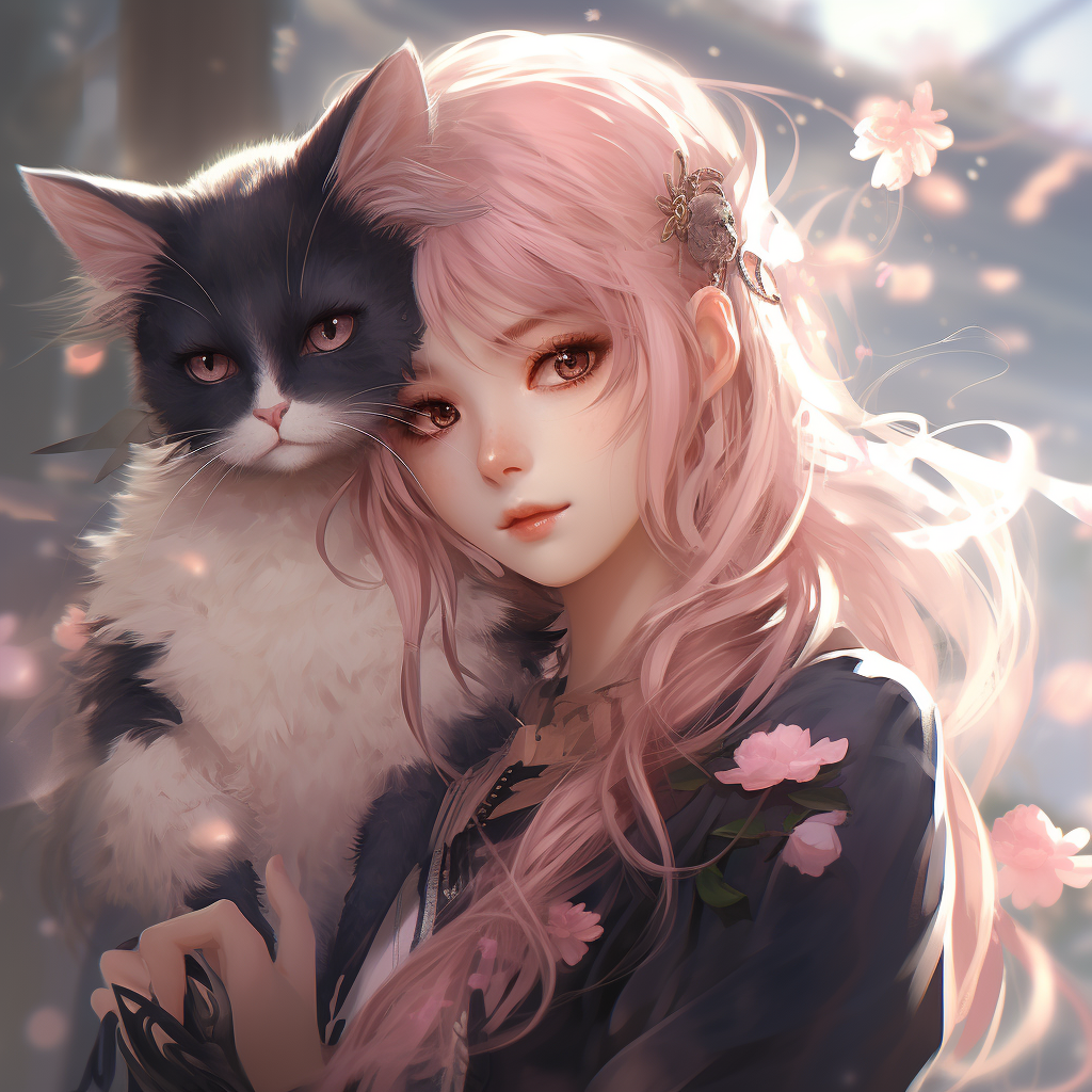 Cute catgirl with fluffy black and pink ears and flowing hair