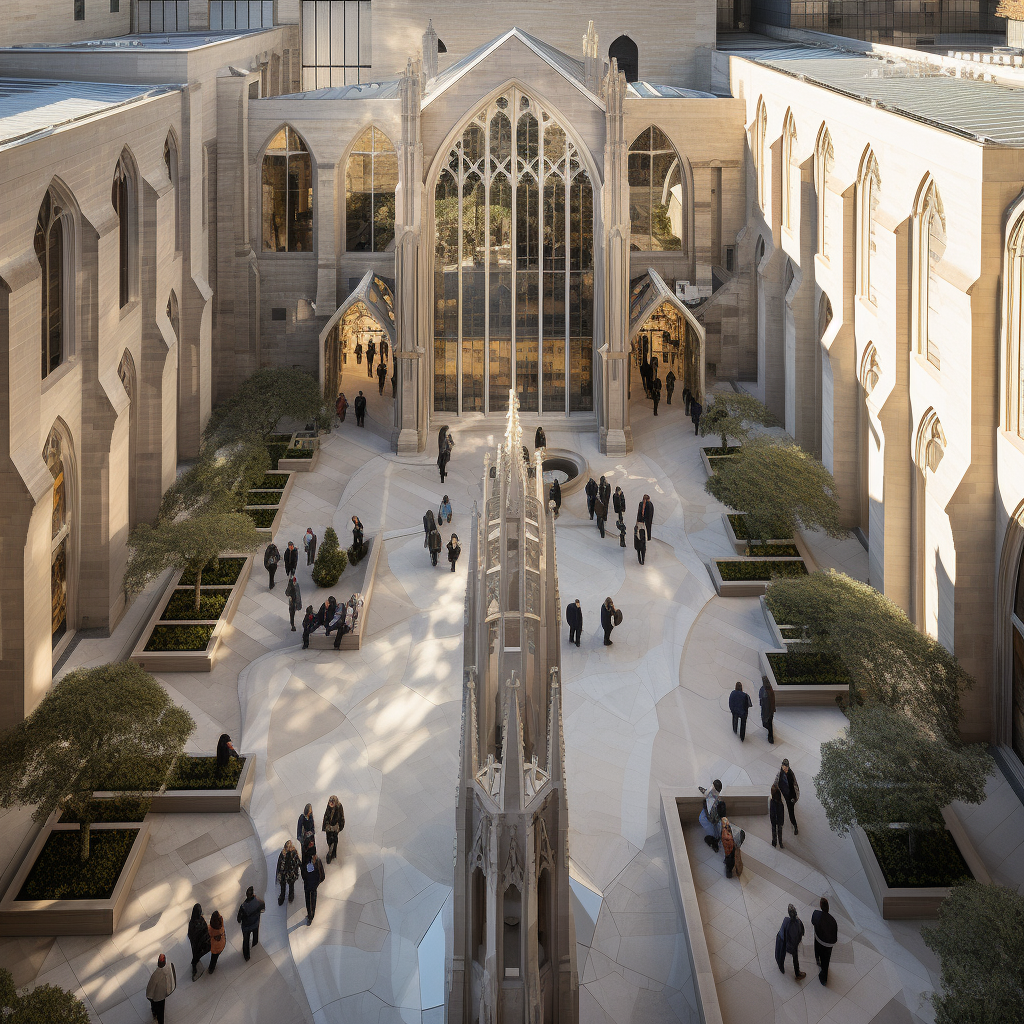 Exterior view of Cathedral Arcade by Mies Van Der Rohe