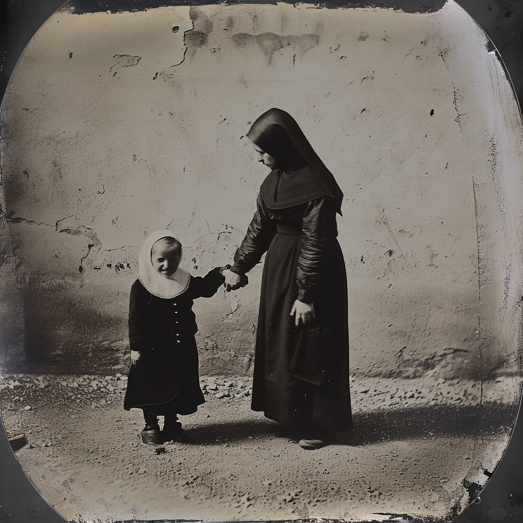 Catholic child holding nun's hand in front of church