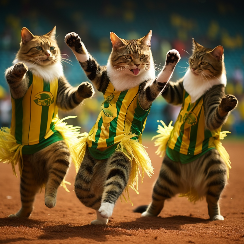 Cats in Brazilian soccer jerseys samba dancing