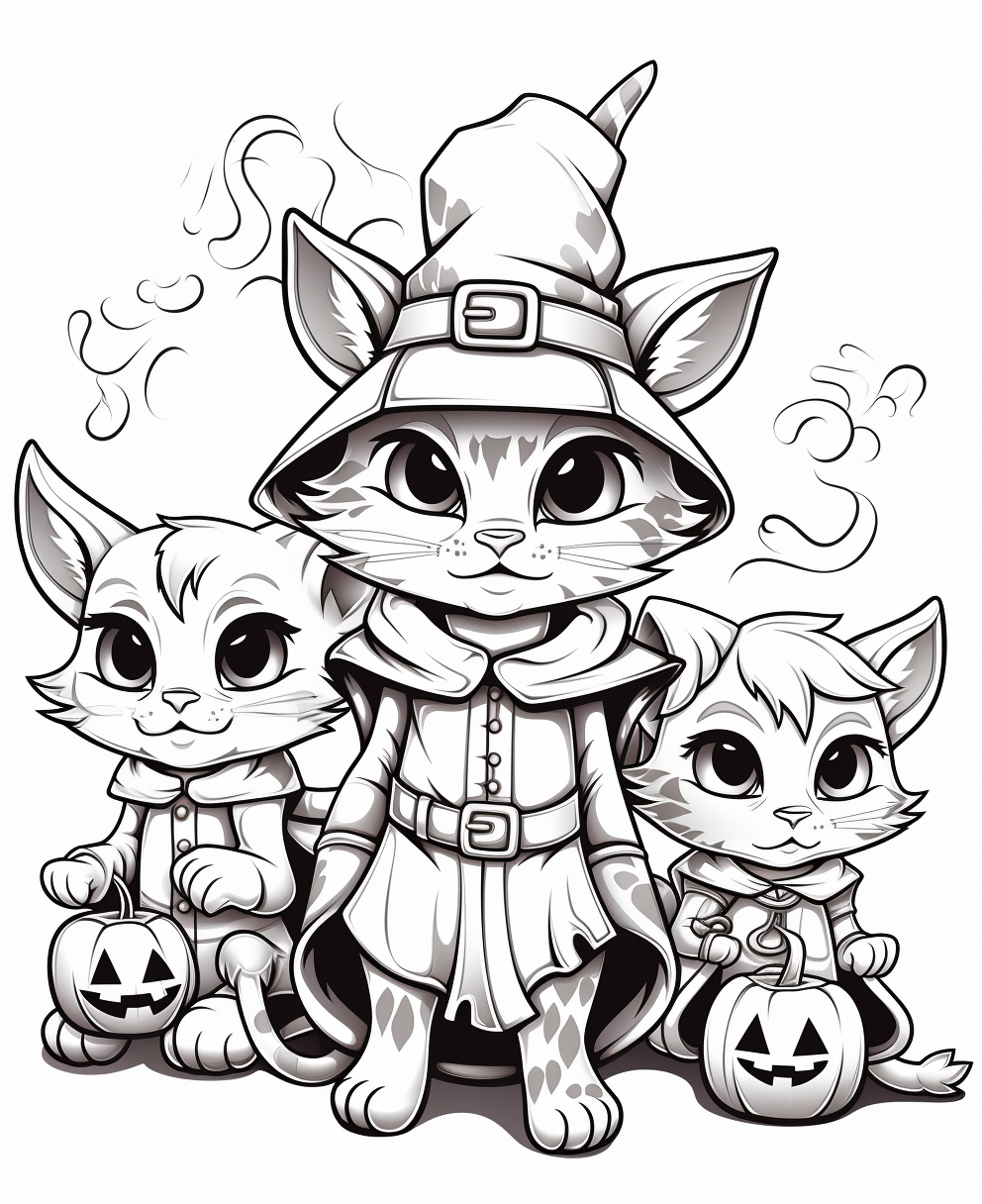 Coloring page with cats in costumes