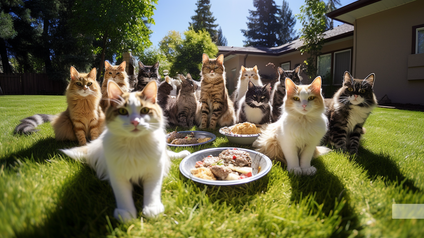 Cats eating cat food outdoors