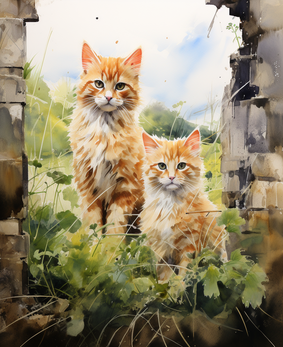 Watercolor painting of cats in Irish countryside