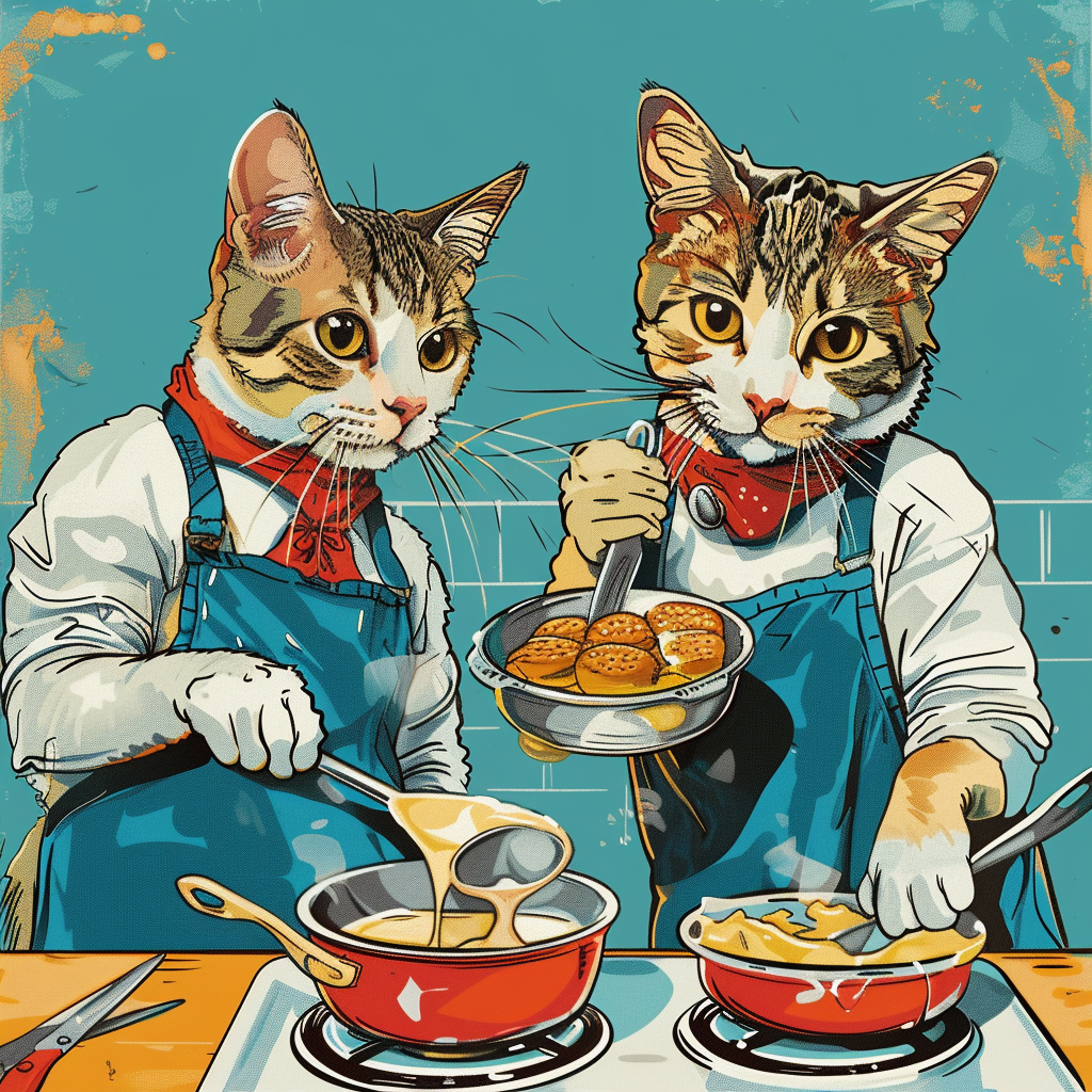 Cats cooking breakfast in kitchen