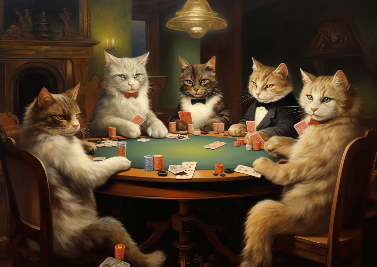 Playful cats holding poker cards