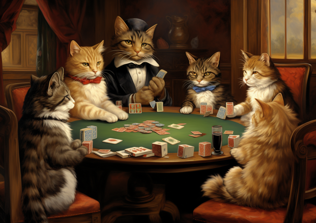 Cats playing poker in living room