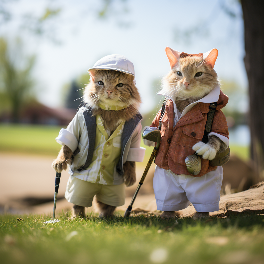 Two cats golfing on a green