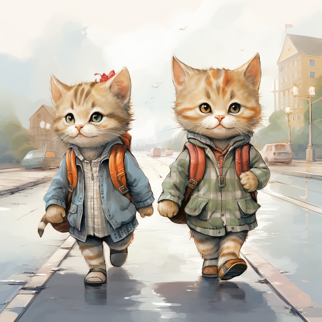 Two cats wearing overalls walking to the bus station