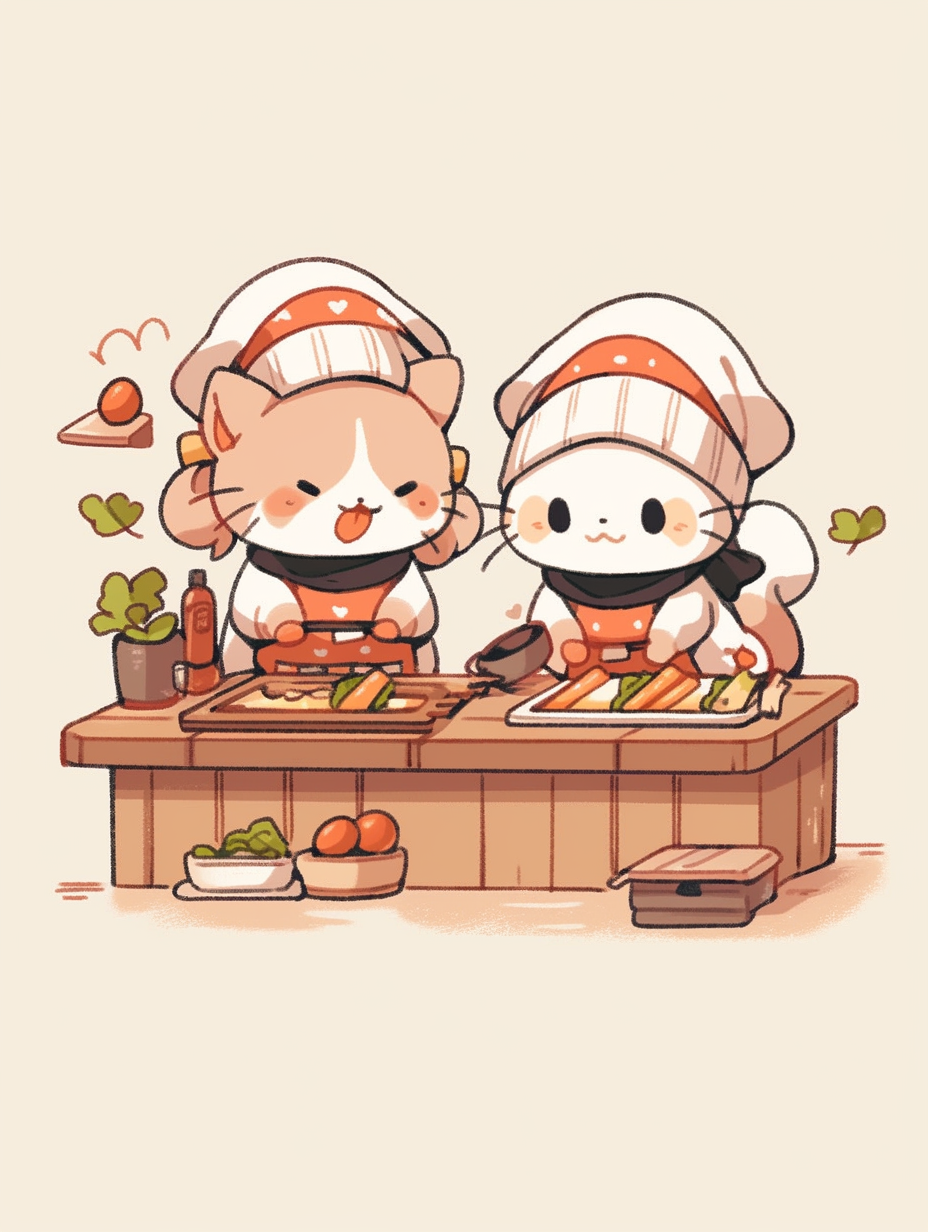 Two cats sushi chefs at restaurant