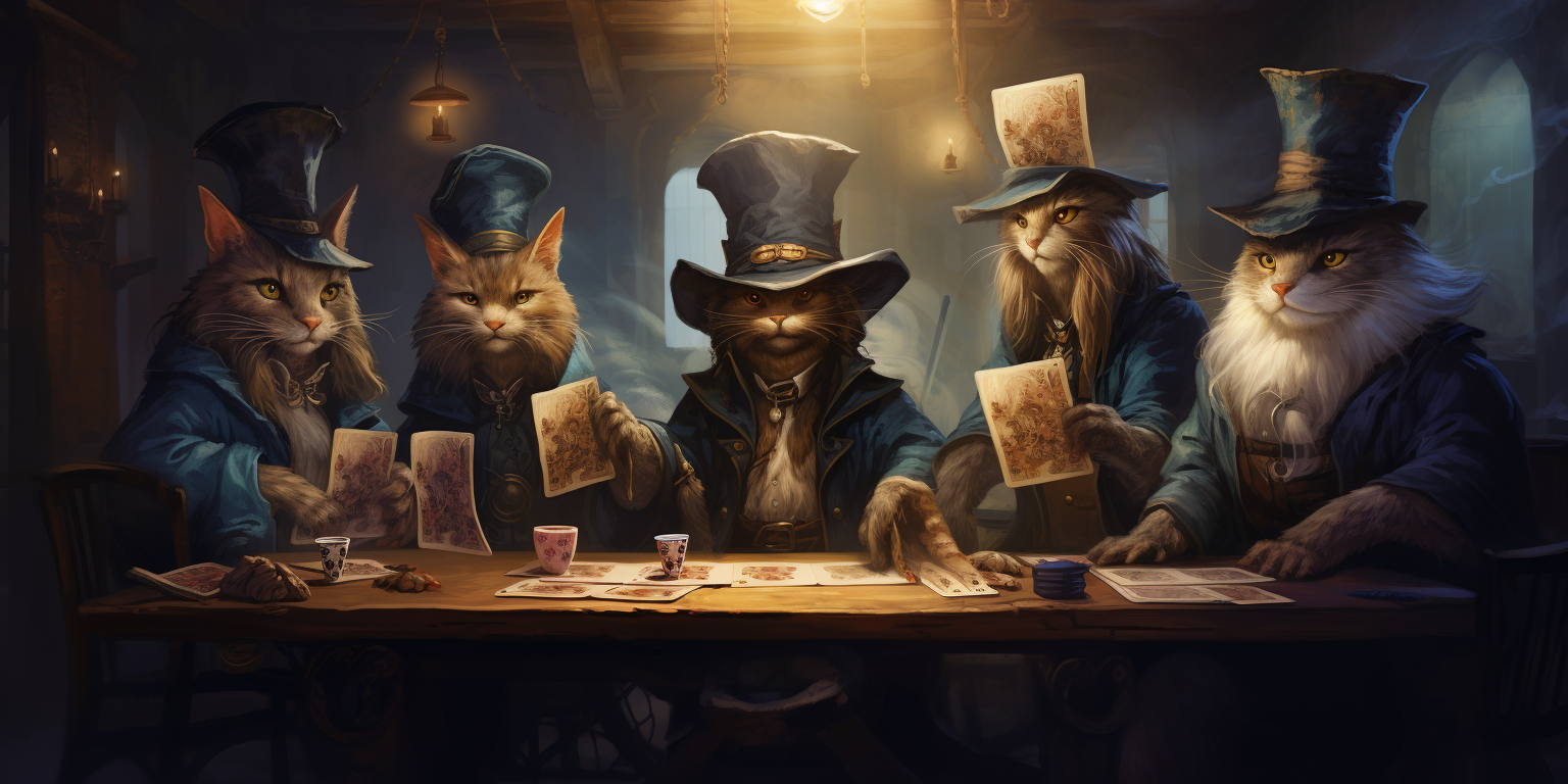 Cats wearing wizard hats playing cards under bed frame