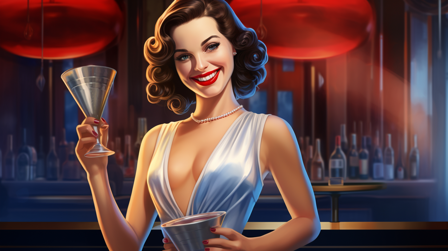 Brunette bartender shaking cocktail shaker with smile