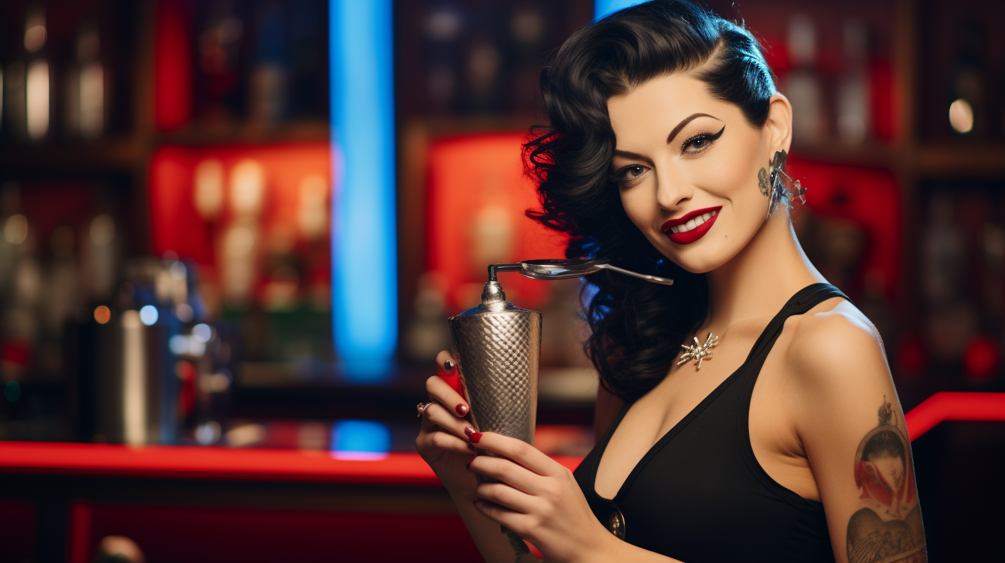 Caucasian brunette bartender shaking chrome cocktail shaker