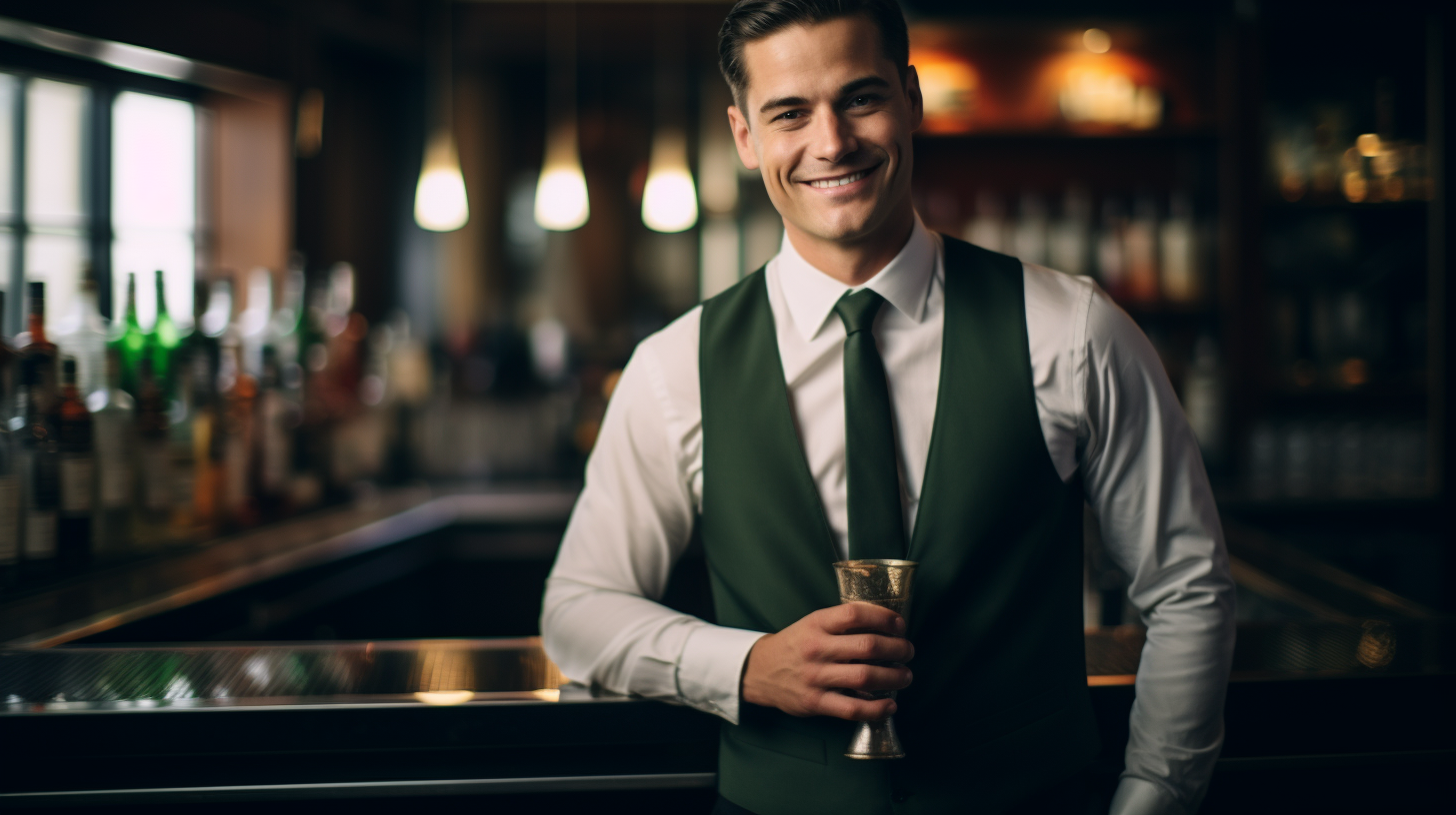 Smiling brunette bartender shaking cocktail shaker