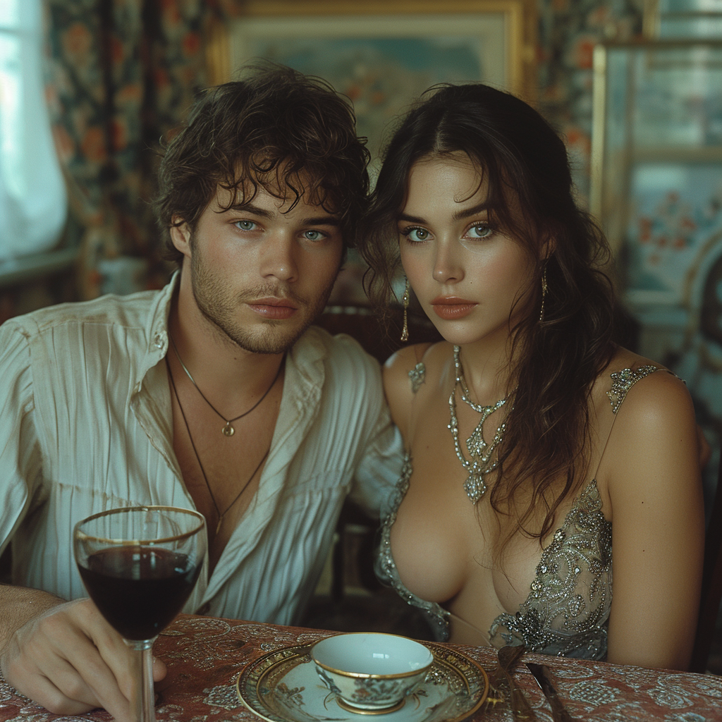 Caucasian couple in evening clothes sitting at table