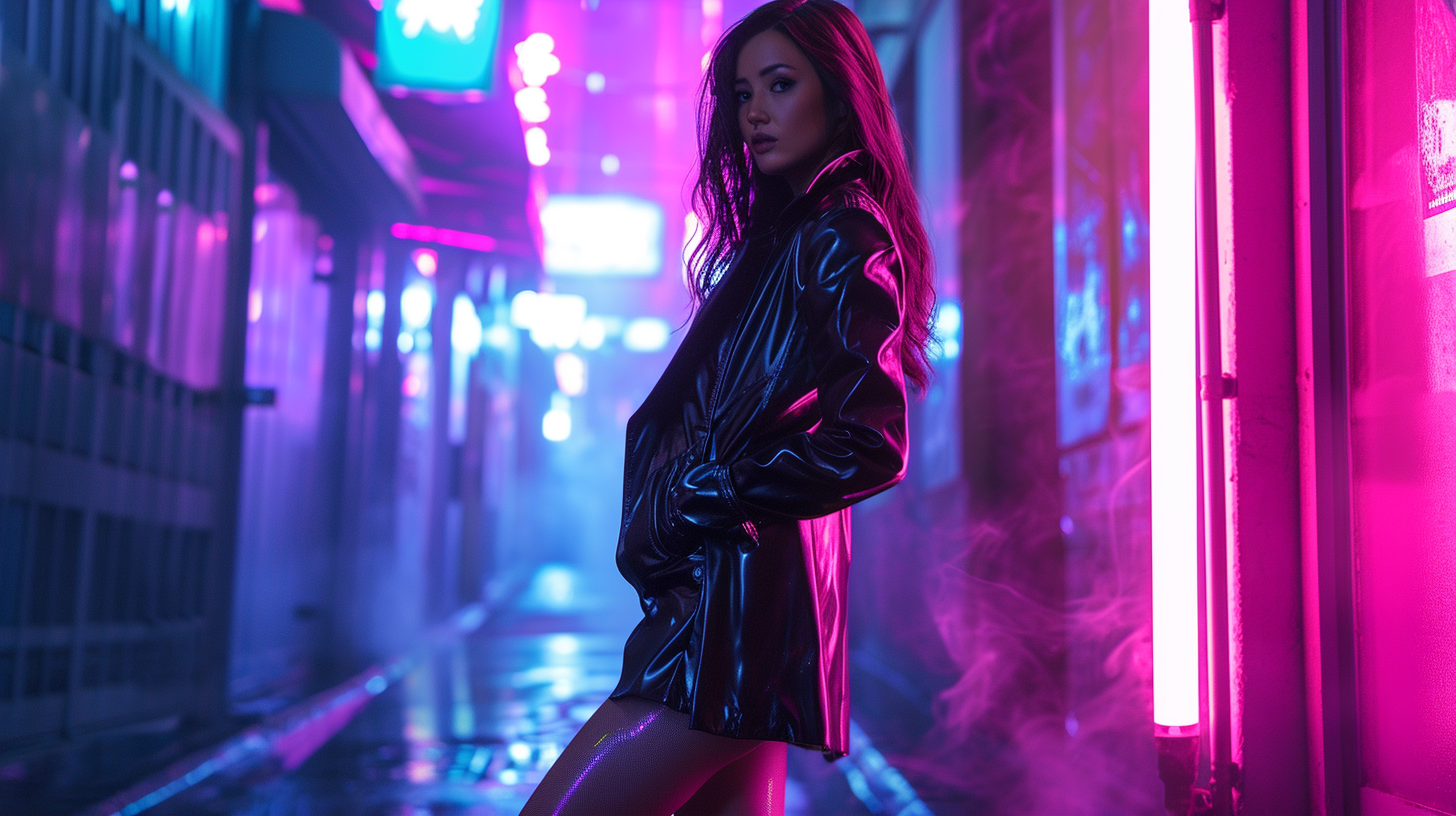 Caucasian female cyberpunk detective in street