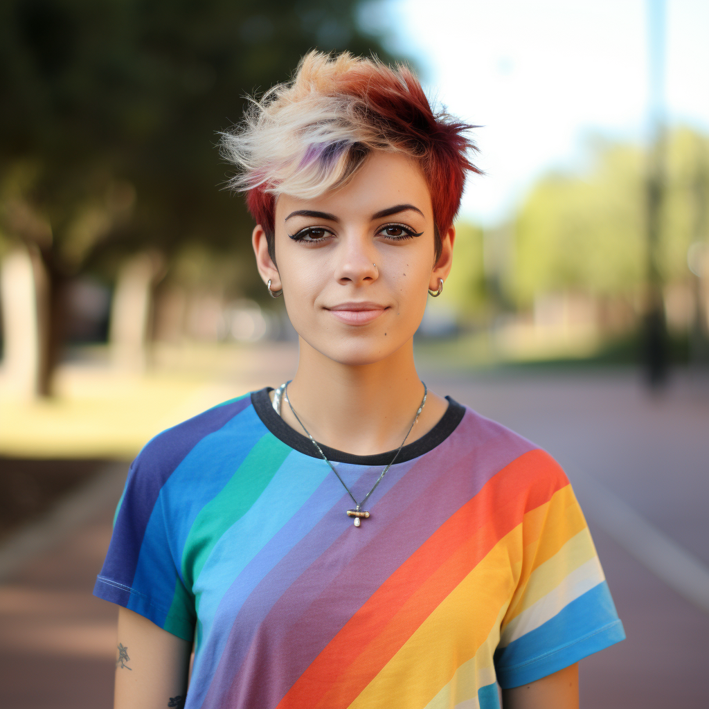 Caucasian female university student with rainbow flag logo