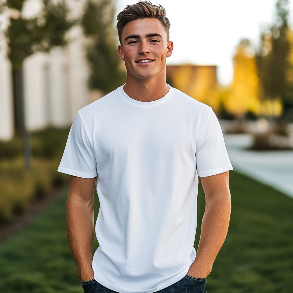 Caucasian male happy in white shirt