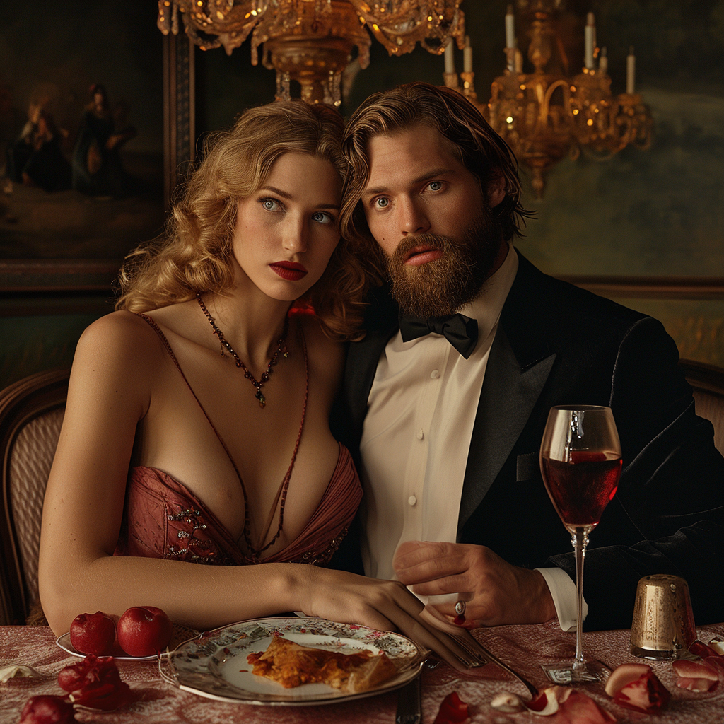 Caucasian couple sitting at table in evening clothes