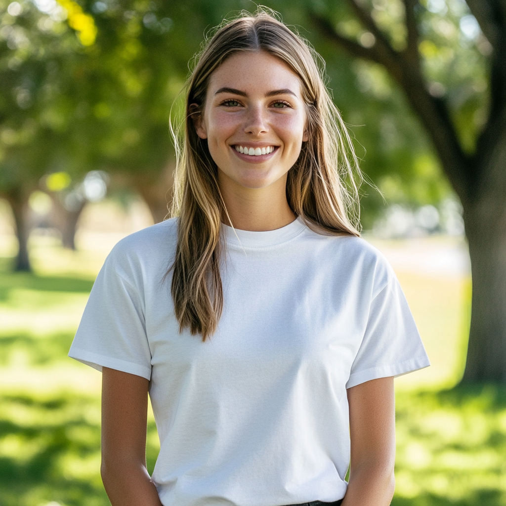 Caucasian Female Model White T-Shirt Park