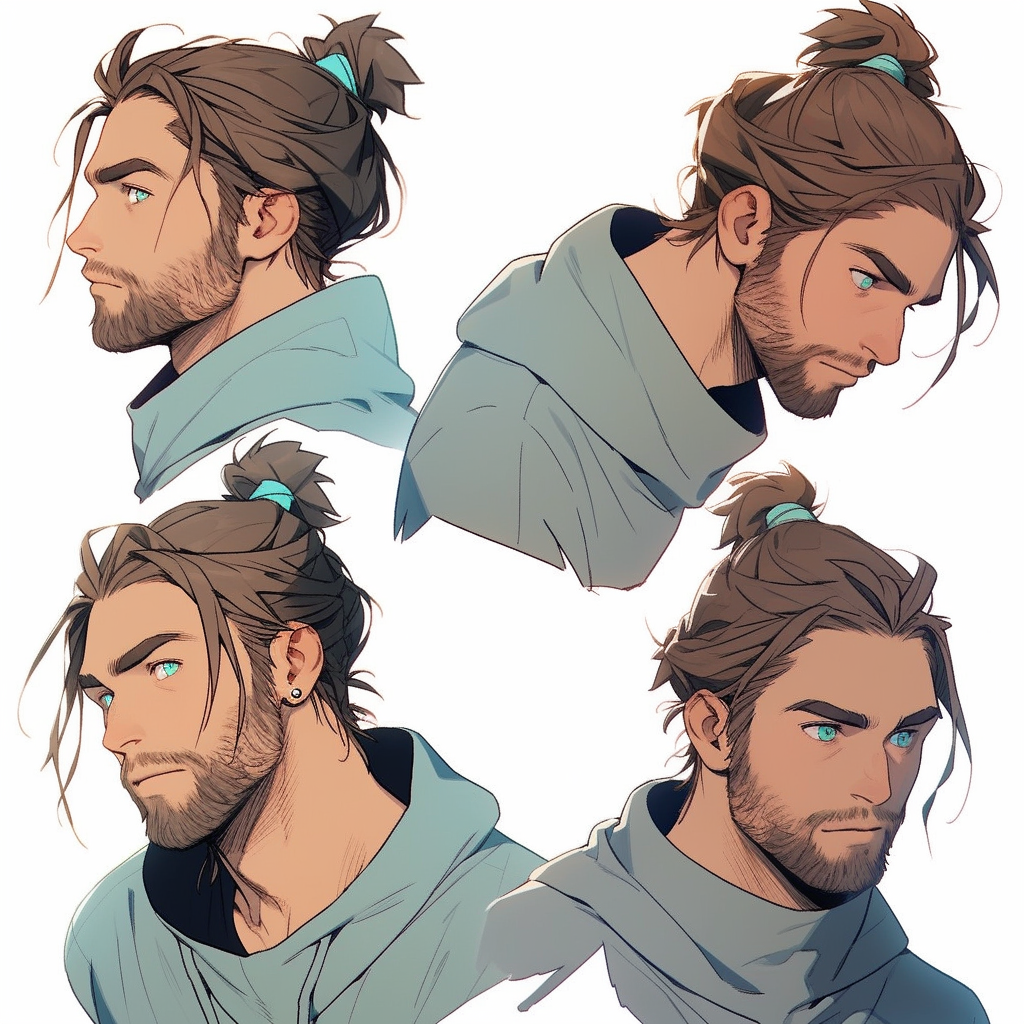 Caucasian male with brown man bun in anime style