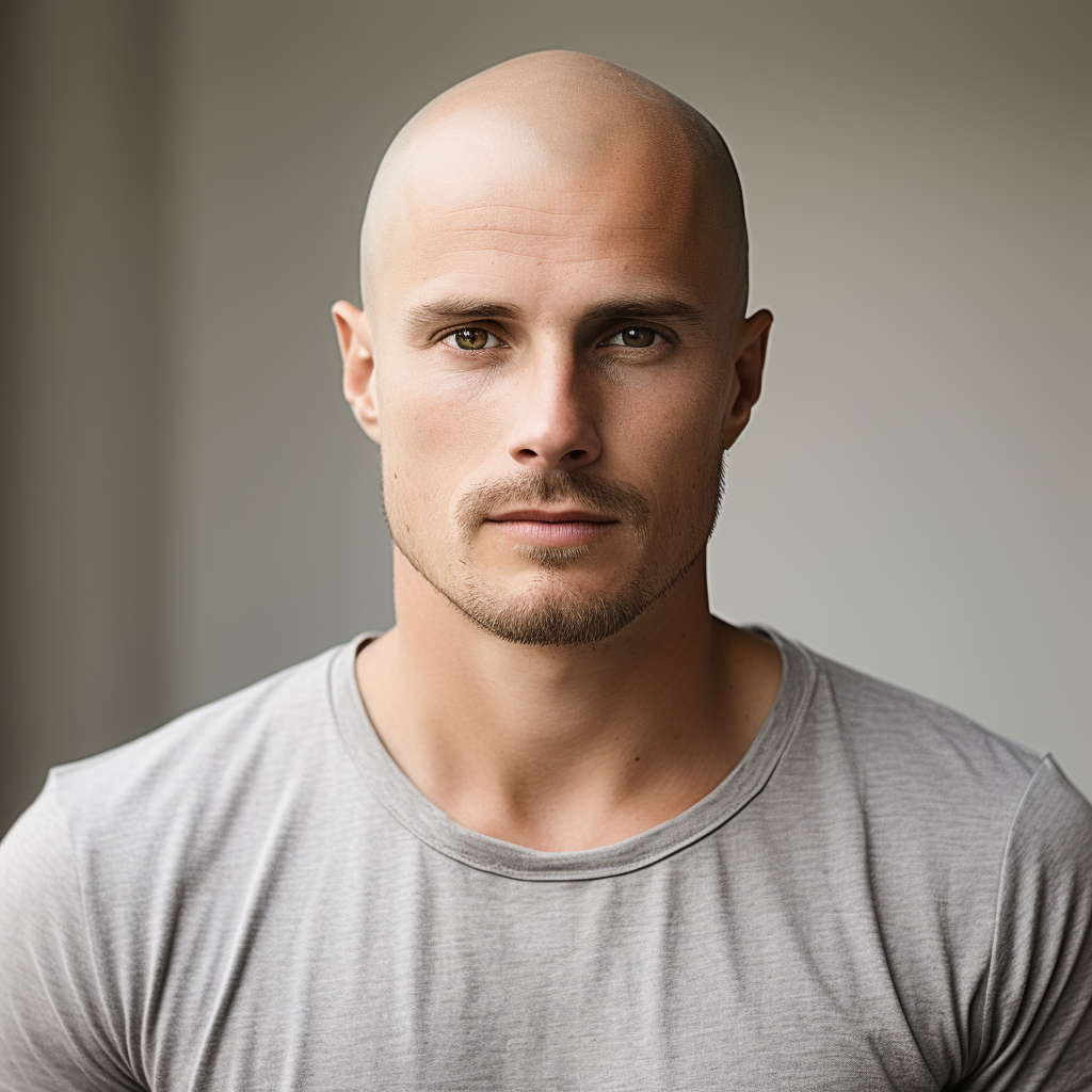 Caucasian male with shaved head wearing grey t-shirt