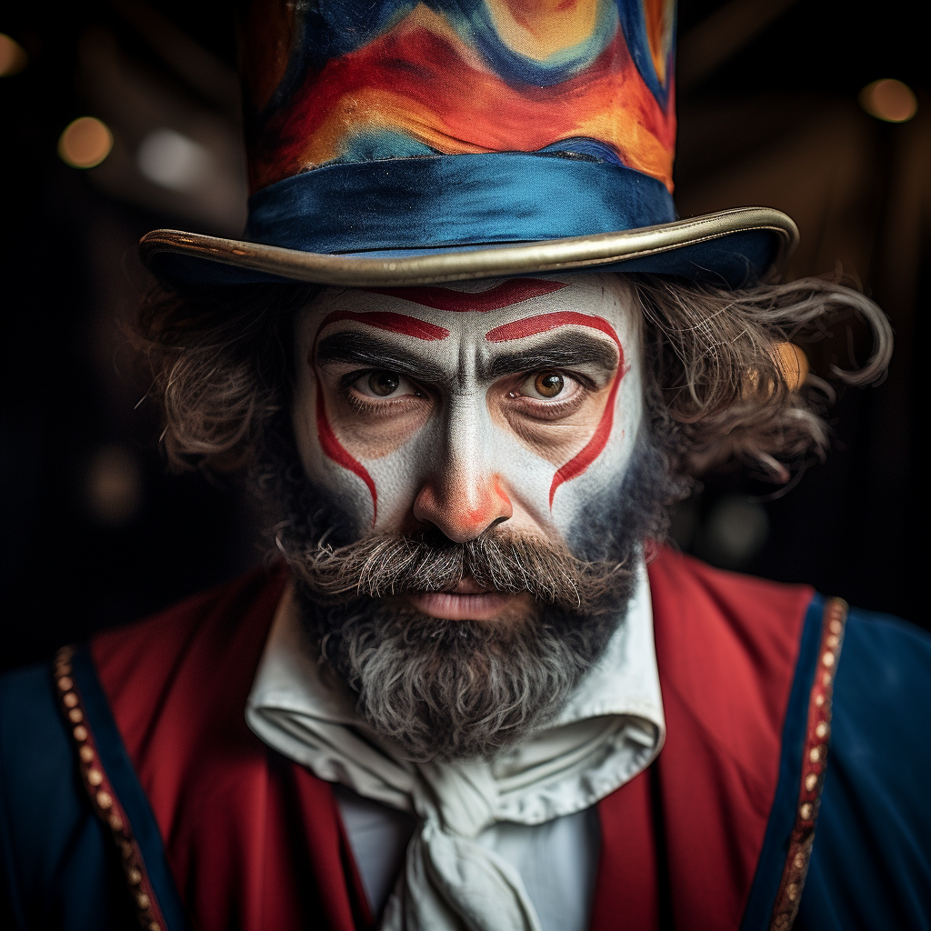 Caucasian man in extravagant circus costume