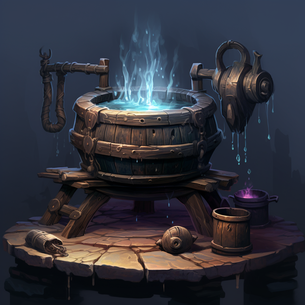 Artistic cauldron with bench and potions