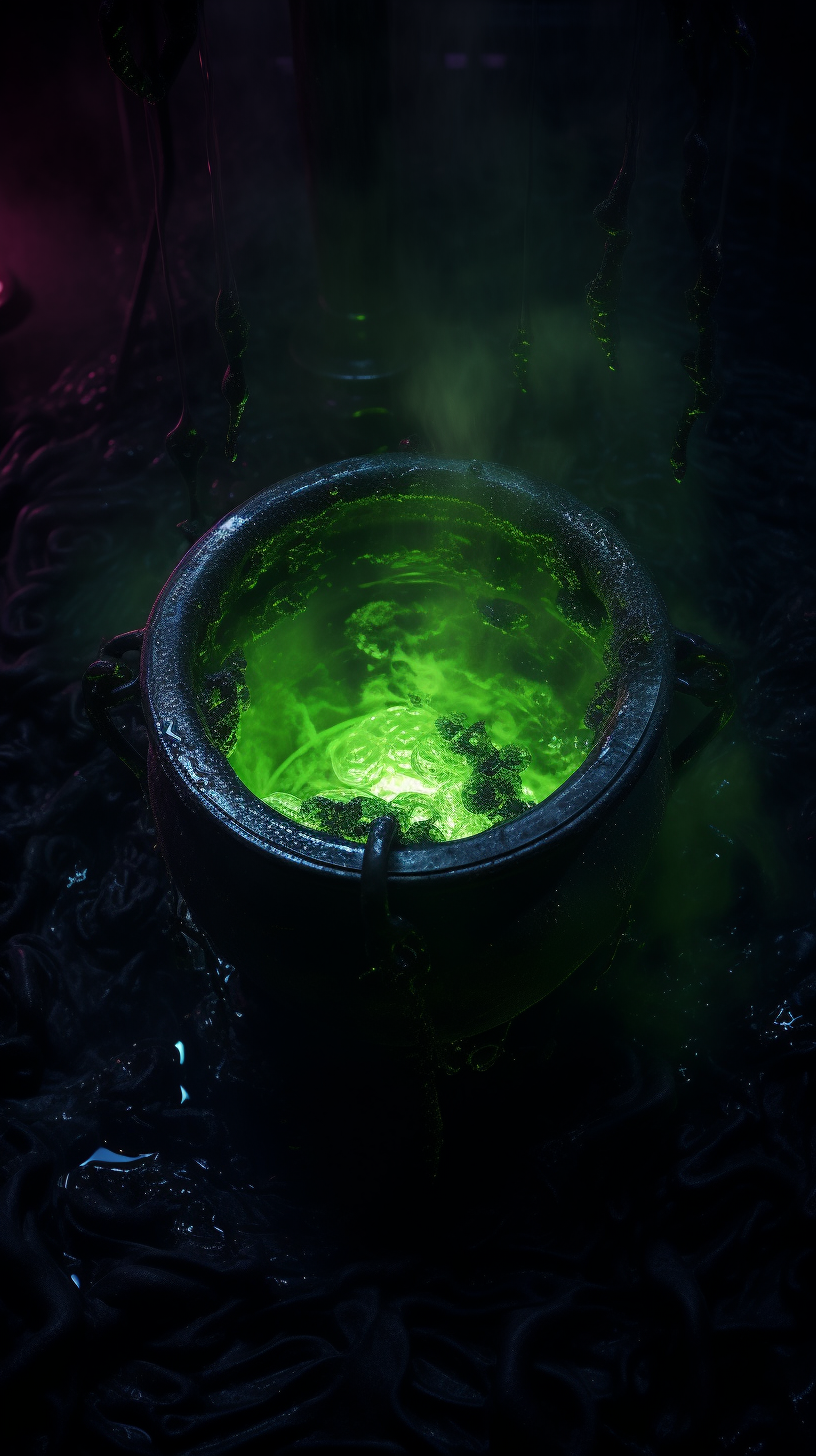 Bubbling cauldron with green liquid