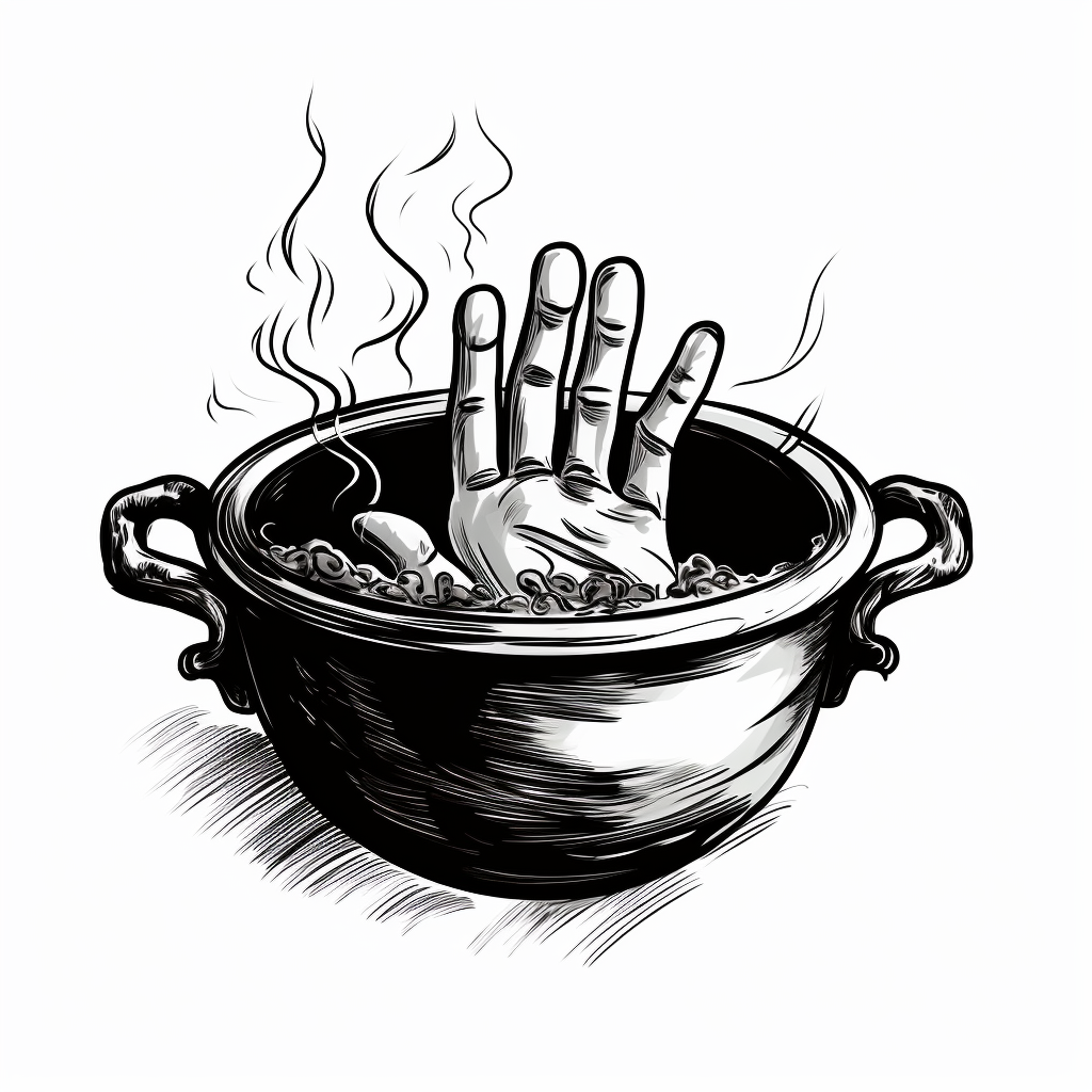 Hand pointing out of cauldron