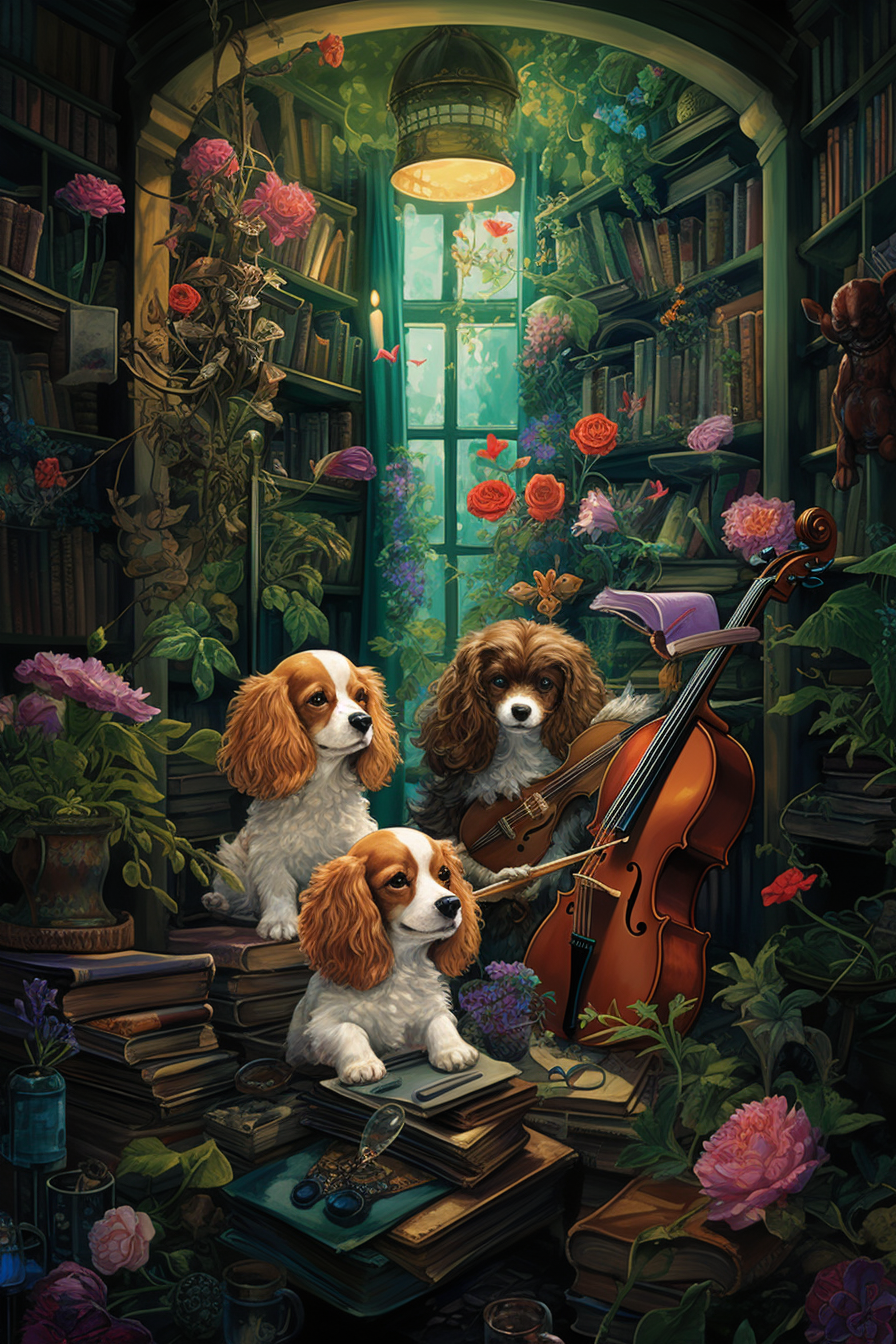 Well-dressed Cavalier King Charles Spaniel Dogs with Saxophones