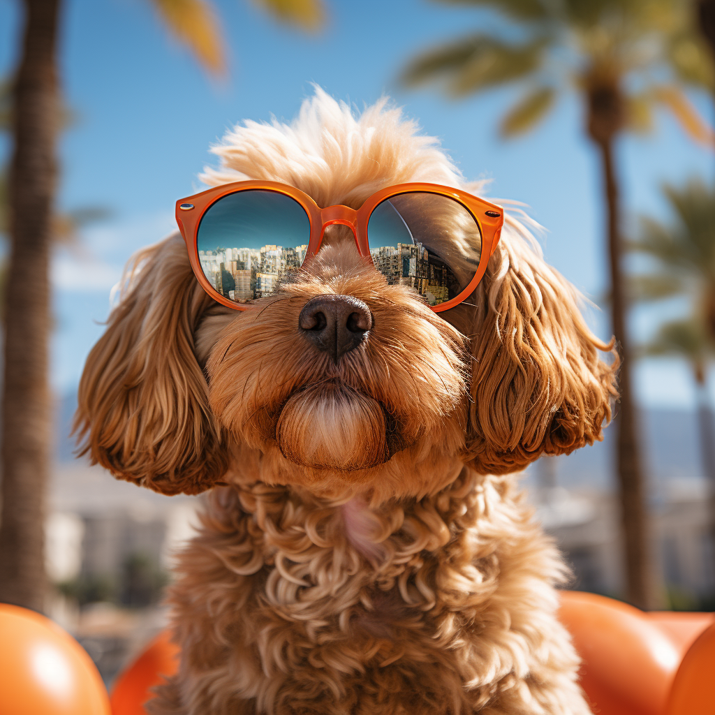 Adorable Cavapoo wearing California vibe sunglasses in Arktura interior