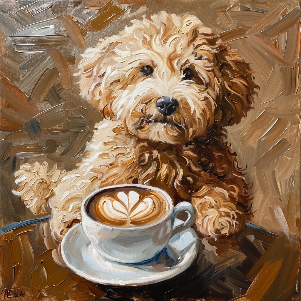 Cavapoo holding coffee cup latte