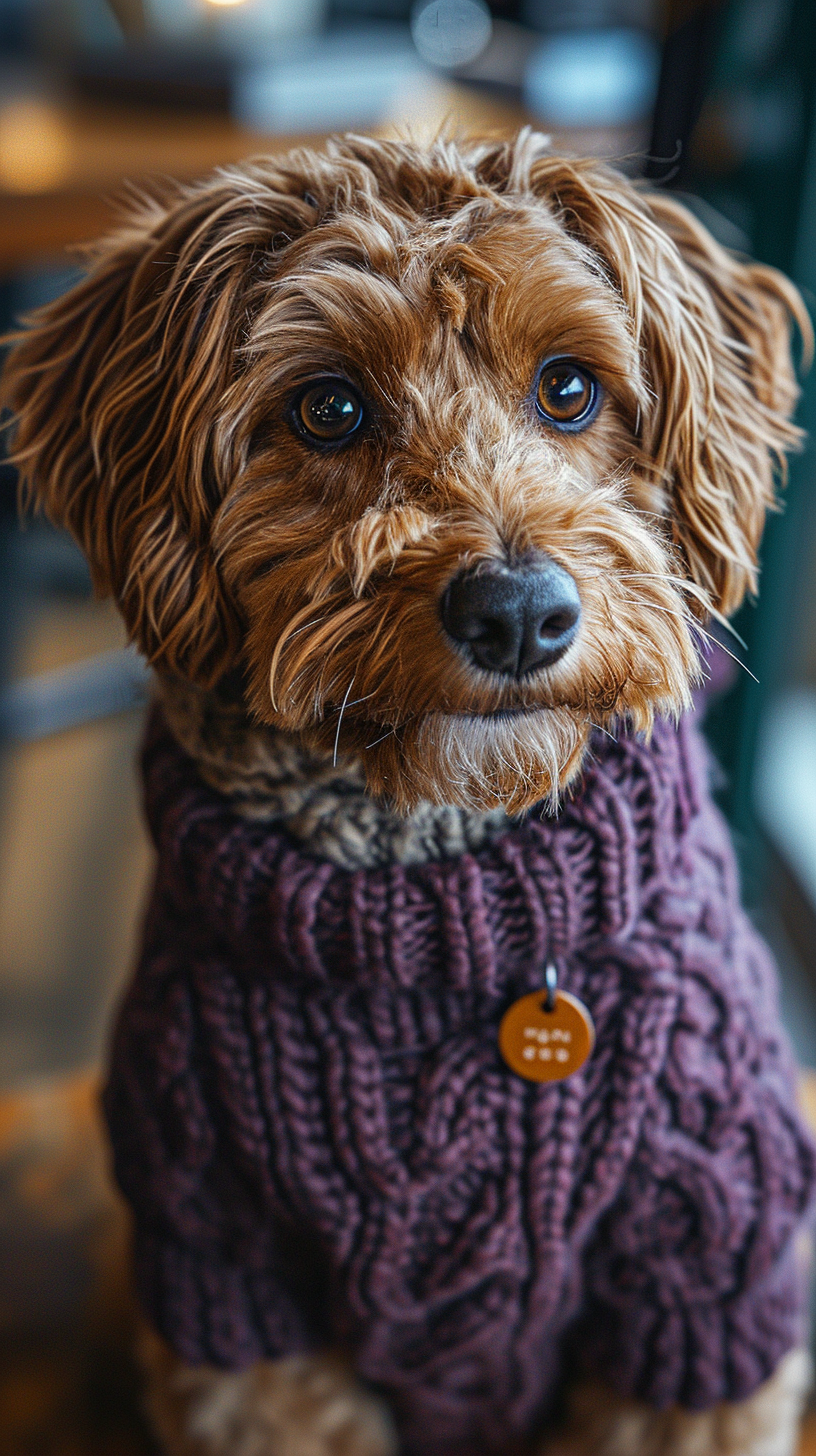 Cute cavapoo in purple sweater working on computer