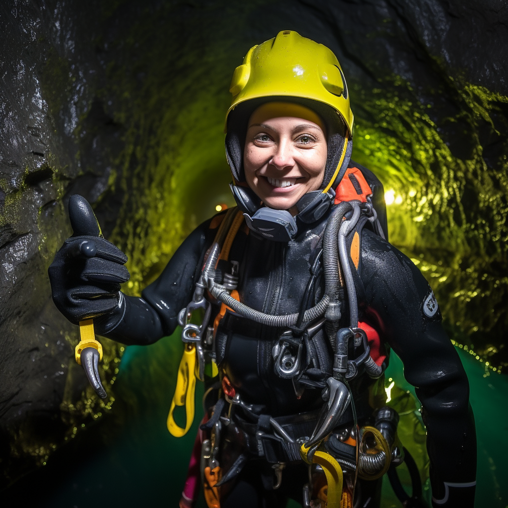 Smiling female cave diver in wet suit