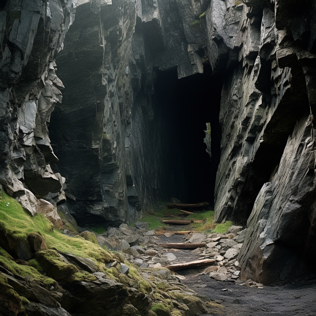 Entrance to a cave blocked by rocks