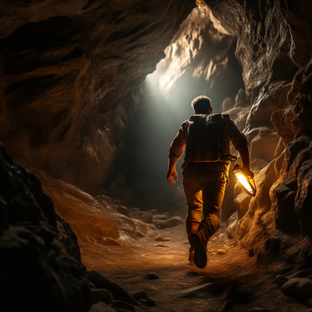 Man running in dark cave with lantern