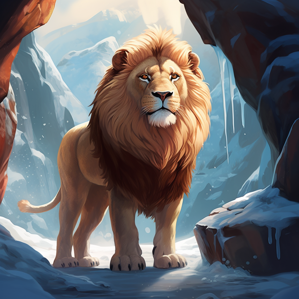 Illustration of cave lion in snowy landscape