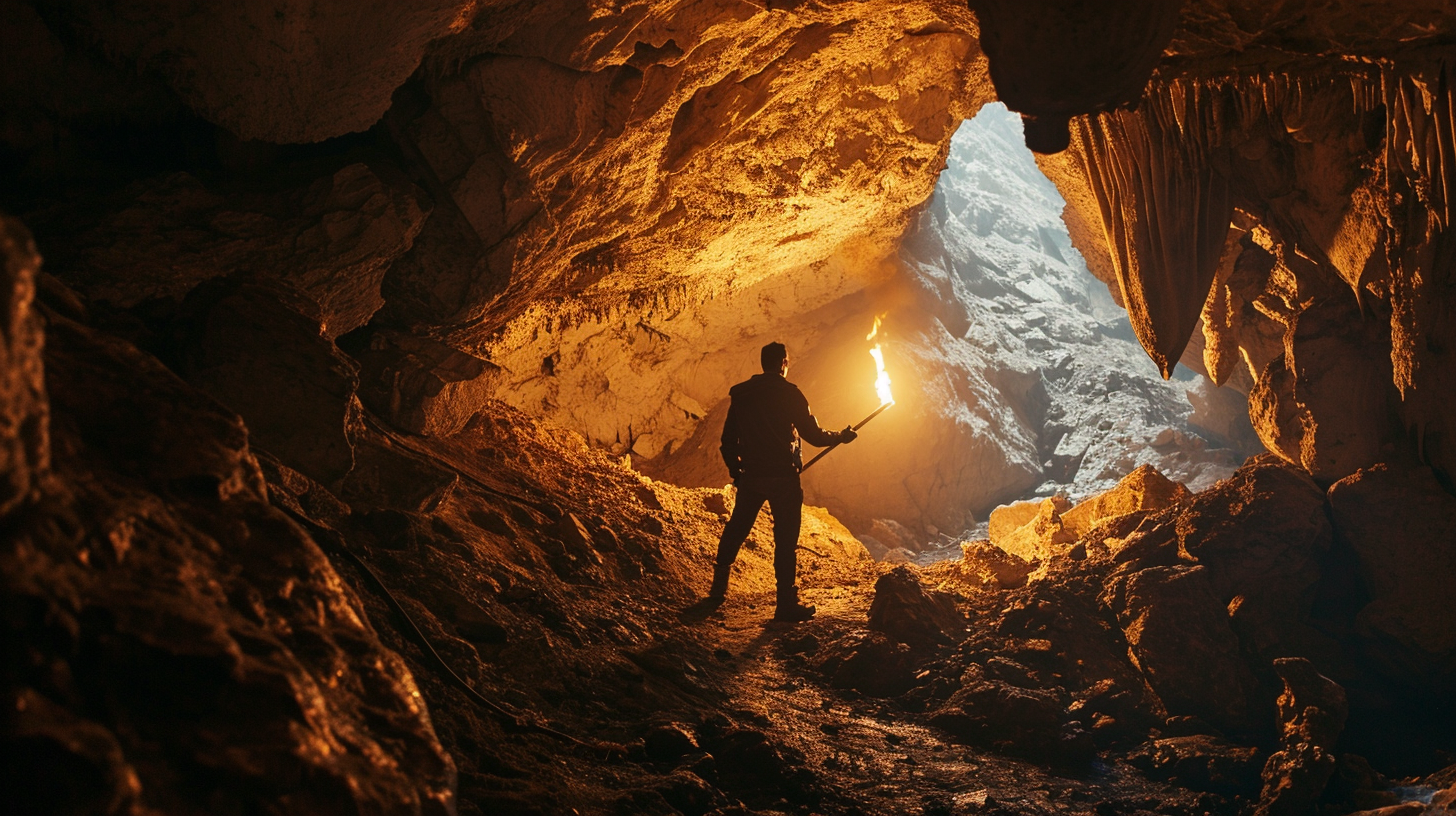 Man holding a torch creating captivating shadows